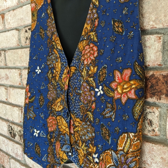 🍁 Ana Mori Batik Embroidered & Beaded Blue and Orange Floral Vest - Picture 6 of 7